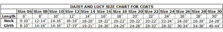 Daisy and Lucy coat size chart