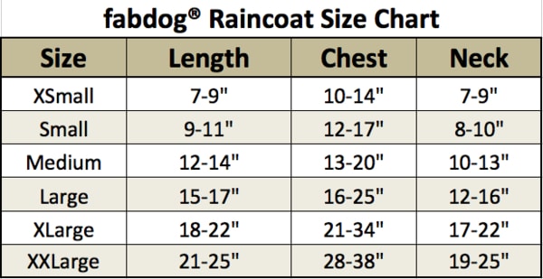 fabdog raincoat size chart