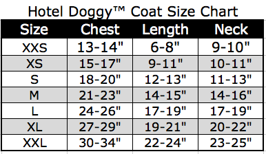 Hotel Doggy Coat Size Chart