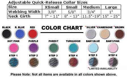 Cetacea Nylon Quick Release Size Chart with Colors