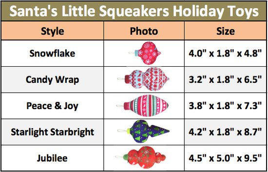 Santa's Little Squeakers Holiday Toys Size Chart